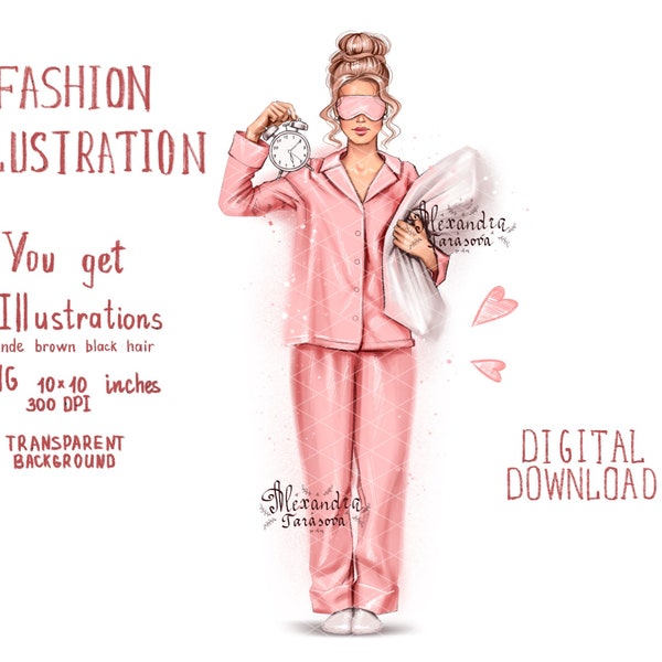Illustration numérique aquarelle mode matin fille rose pyjama élégant coiffures tendance art imprimable téléchargement immédiat