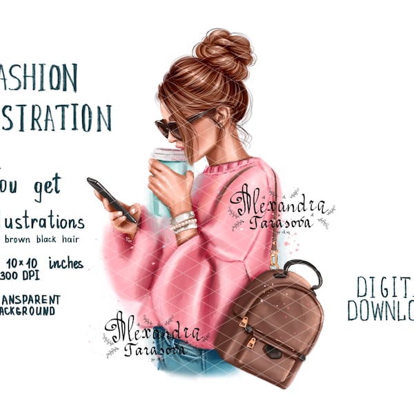 Digital Watercolor Illustration Fashion Girl Black Girl Trendy Pink Sweater Coffee Stylish Brown Backpack Printable Art Paintin Boss Girl