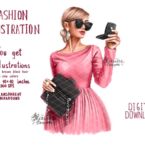 Digital Watercolor Illustration Fashion Girl Trendy Pink Dress Stylish Sunglasses Black Bag Printable Art Watercolor Boss Girl  Clipart