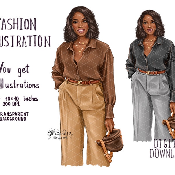 Hand Drawn Digital Watercolor Illustration Black Boss Girl Business Outfit African American Girl Clipart Fashion Doll Printable Art