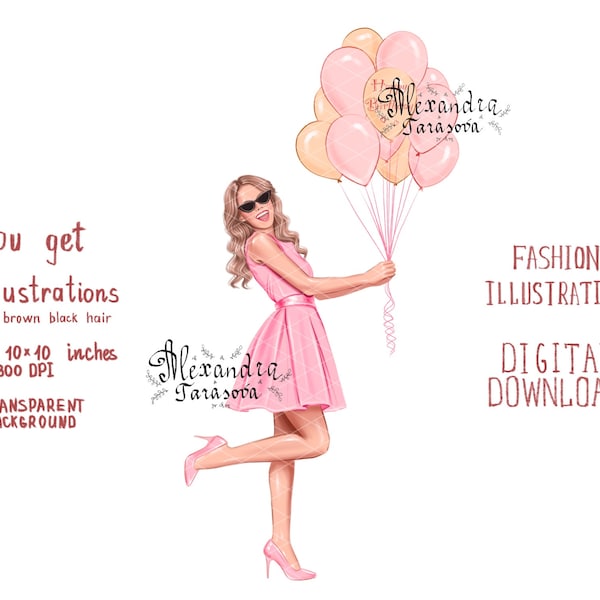 Digital Watercolor Illustration Stylish Birthday Girl Trendy Balls Fashion Pink Dress Wavy Hairstyles Planner Dashboard Printable Art