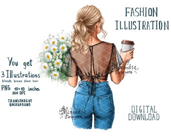 Digital Watercolor Illustration Summer Flowers Fashion Girl Blue Jeans Denim Instant Download Png Files Clipart Stickers