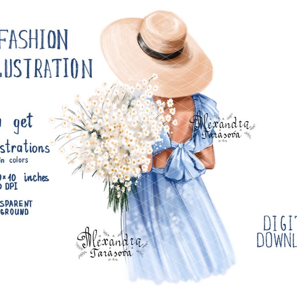 Digital Watercolor Illustration Fashion Girl Summer Flower Blue Dress Png Planner Dashboard Clipart Stickers Printable Art Watercolor