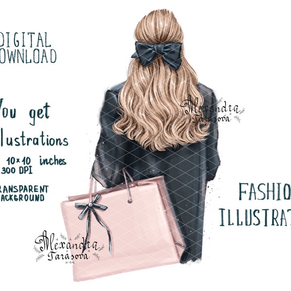 Digital Watercolor Illustration Shopping Pink Bag Stylish Girl Trendy Hairstyles Instant Download Png Files Fashion Black Bow Drawing Paint