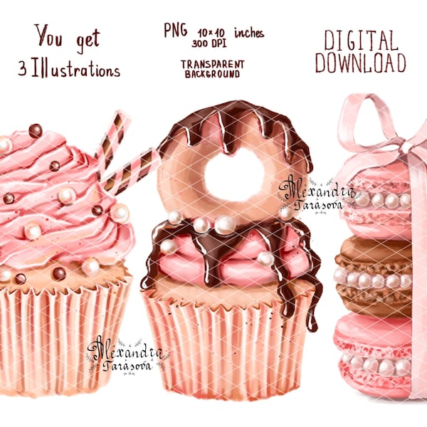 Illustration numérique aquarelle Cupcake tendance perles macarons rose crème muffins élégants Art imprimable Clipart autocollants peinture fait main