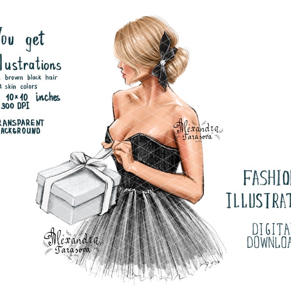 Digital Watercolor Illustration Fashion Girl Gift Box Black Stylish Dress Parisian Style Trendy Hairstyles Printable Art Clipart Stickers
