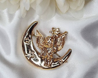 Vintage Gold Tone Fairy & Crescent Moon Brooch