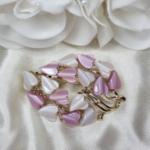 Vintage Gold Tone Pink & White Thermoset Hearts Brooch