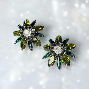 Vintage Silver Tone Green Rhinestone Clip On Earrings