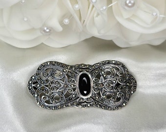 1930&#39;s Art Deco Sterling Silver, Onyx & Marcasite Brooch