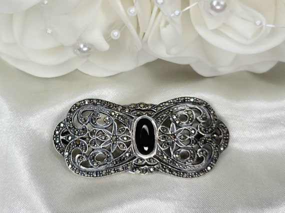 Broche Art Déco Argent Et Strass - Pierre Noire - Vintage, Collection - Occasion En Très Bel état