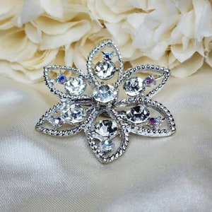 Vintage Silver Tone Floral Clear & Aurora Borealis Rhinestone Brooch