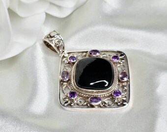 Vintage Nepal 925 Silver, Onyx, & Amethyst Filigree Pendant