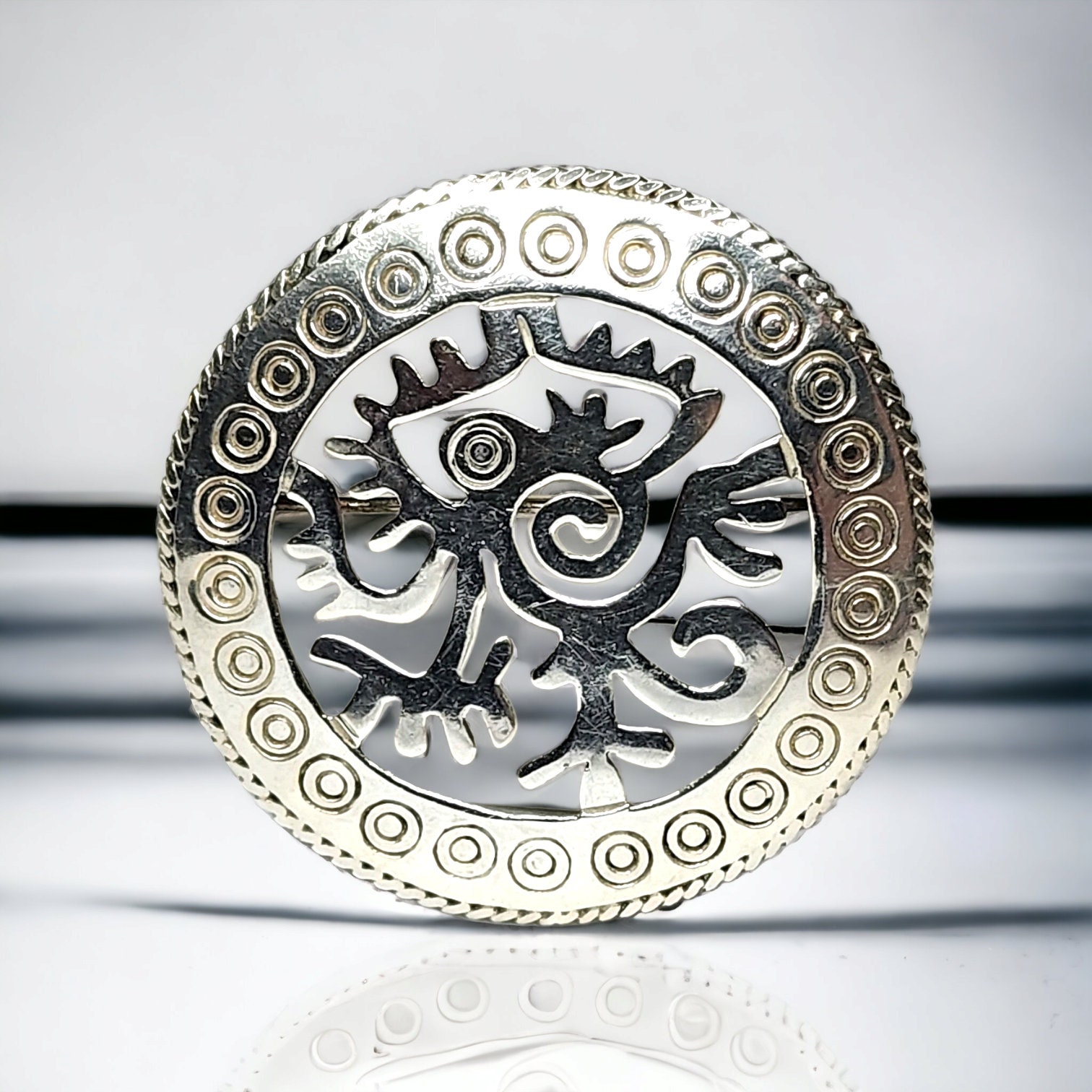 Broche Ancienne En Argent Massif 925 Et Or 18K - Style Ethnique Créateur Mexicain - Occasion