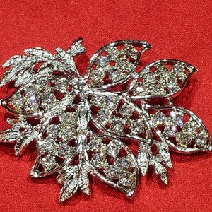 Silver and Rhinestone Leaf Motif Brooch