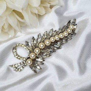 Mid-Century Silber Ton Klare Strass & Simulierte Perlen Brosche