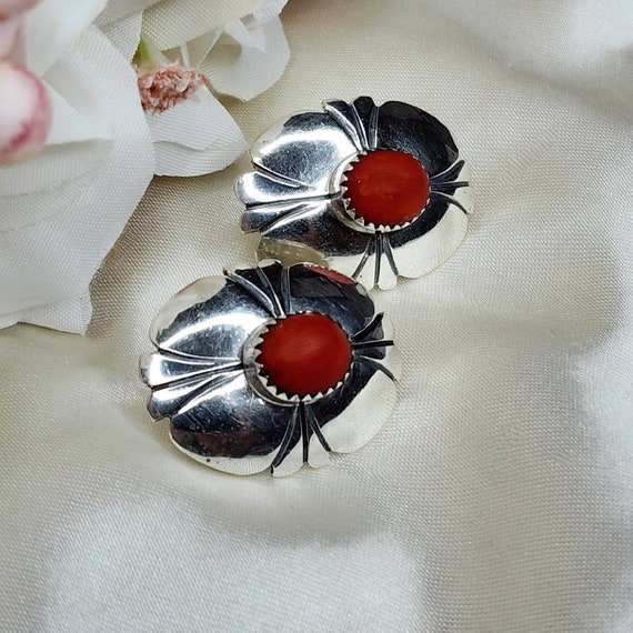 Fabulous Vintage Native American Navajo Jeanette Dale Coral Sterling Silver Earrings Fabulous Vintage Native American Navajo Jeanette Dale Coral Sterling Silver Earrings