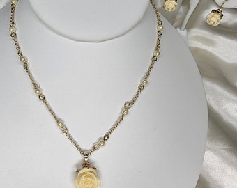 Vintage Carolee Gold Tone Ivory Roses and Simulated Pearl Necklace & Earrings Set