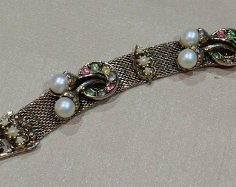 1950's Gold Tone Mesh, Rhinestone, & Pearl Victorian Revival Bracelet