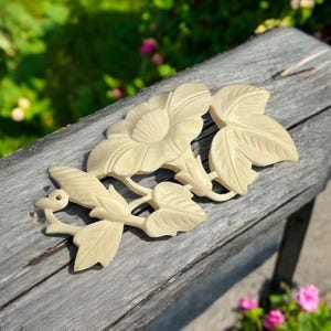 Peut inclure: Une conception florale en ivoire sculpté avec trois fleurs et des feuilles. Les fleurs sont en forme de liserons et les feuilles sont détaillées avec des nervures.