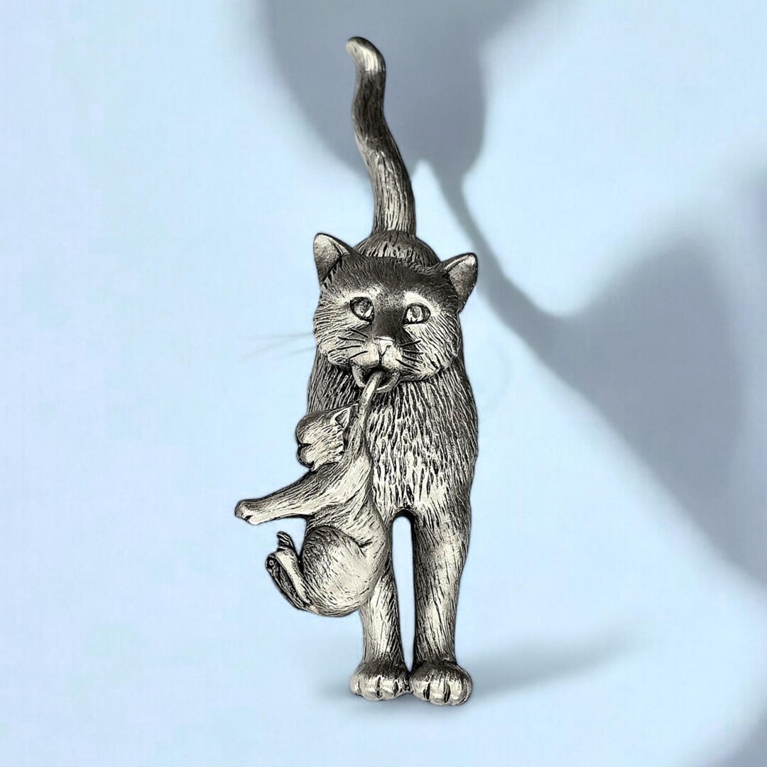 Hermoso Broche De Peltre Para Gato Moggie Sentado