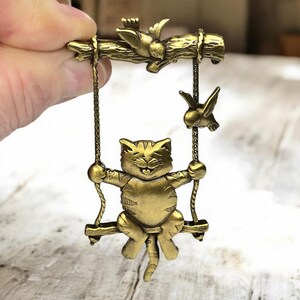Vintage JJ Jonette Cat On A Swing Brooch
