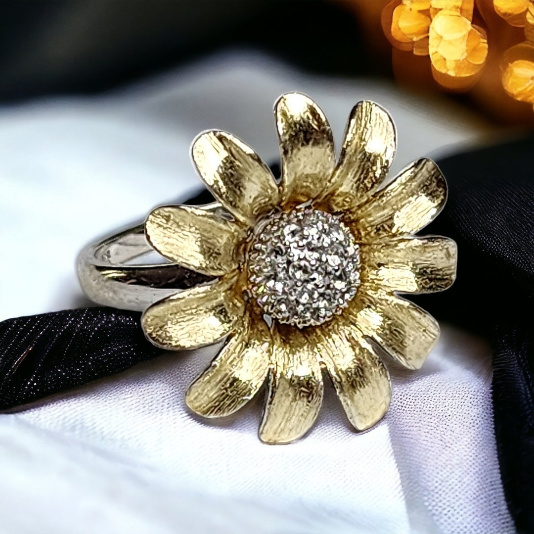 Vintage Sterling Silver Gold Plated Cubic Zirconia Daisy Ring - Etsy