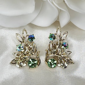 Vintage Gold Tone Green & Aurora Borealis Rhinestone Clip On Earrings