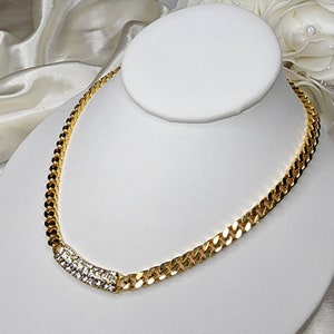 Vintage Gold Tone Rhinestone Cuban Chain Necklace