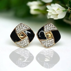 Vintage Butler Gold Tone Black Enamel & Rhinestone Earrings