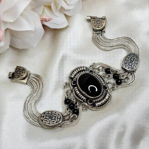 Vintage Turkish Style Sterling Silver & Black Onyx Bracelet