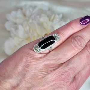 1920&#39;s Art Deco Sterling Silver, Onyx, & Marcasite Cocktail Ring
