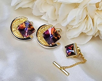 Vintage Gold Tone Rivoli Rhinestone Cufflinks & Tie Tack Set