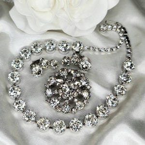 Mid-Century Coro Silver Tone Mine Cut Clear Rhinestone Parure Necklace, Brooch, & Earrings
