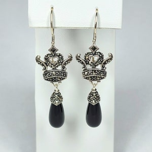 Vintage Sterling Silver Marcasite & Black Stone Dangle Earrings