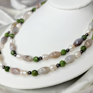 1990&#39;s Double Strand Spinach Jade, Freshwater Pearl, Hematite, & Agate Beaded Necklace