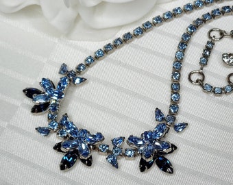 Signed Sherman Two Tone Blue Crystal Necklace