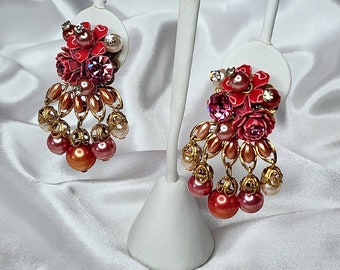 Stunning 1960's LERU Enamel Flower, Rhinestone & Simulated Pearl Chandelier Earrings