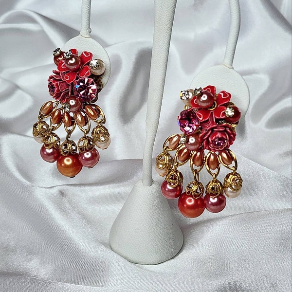 Stunning 1960's LERU Enamel Flower, Rhinestone & Simulated Pearl Chandelier Earrings