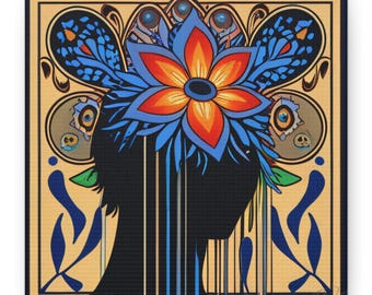 Floral Crown Silhouette Canvas – Spiritual Wall Art, Modern Boho Décor, Abstract Flower Portrait