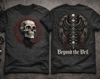 Skull with Red Eye T-Shirt | Back Wings Spine 'Beyond the Veil'