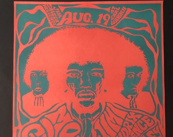 Könnte beinhalten: Ein Vintage-Konzertplakat mit einem psychedelischen Design in Rot und Grün. Das Plakat wirbt für ein Konzert mit Jimi Hendrix Experience, Captain Beefheart und Tim Buckley. Das Konzert ist für den 19. August geplant.