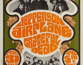 1967 Jefferson Airplane Grateful Dead Bill Graham Fillmore Original Concert Poster > 2ND PRINT