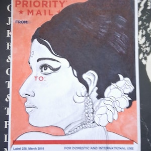 May include: Illustration of a woman's profile on a Priority Mail label. The artwork features a woman with dark hair, wearing a floral earring and a necklace. The label includes the text "PRIORITY MAIL" and "TO:" and "FROM:"