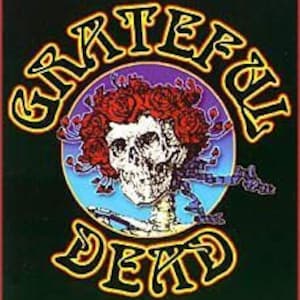 May include: A black and white logo with the text "GRATEFUL DEAD" in a stylized font. The logo features a skull with a wreath of red roses around its head, set against a blue and purple background.