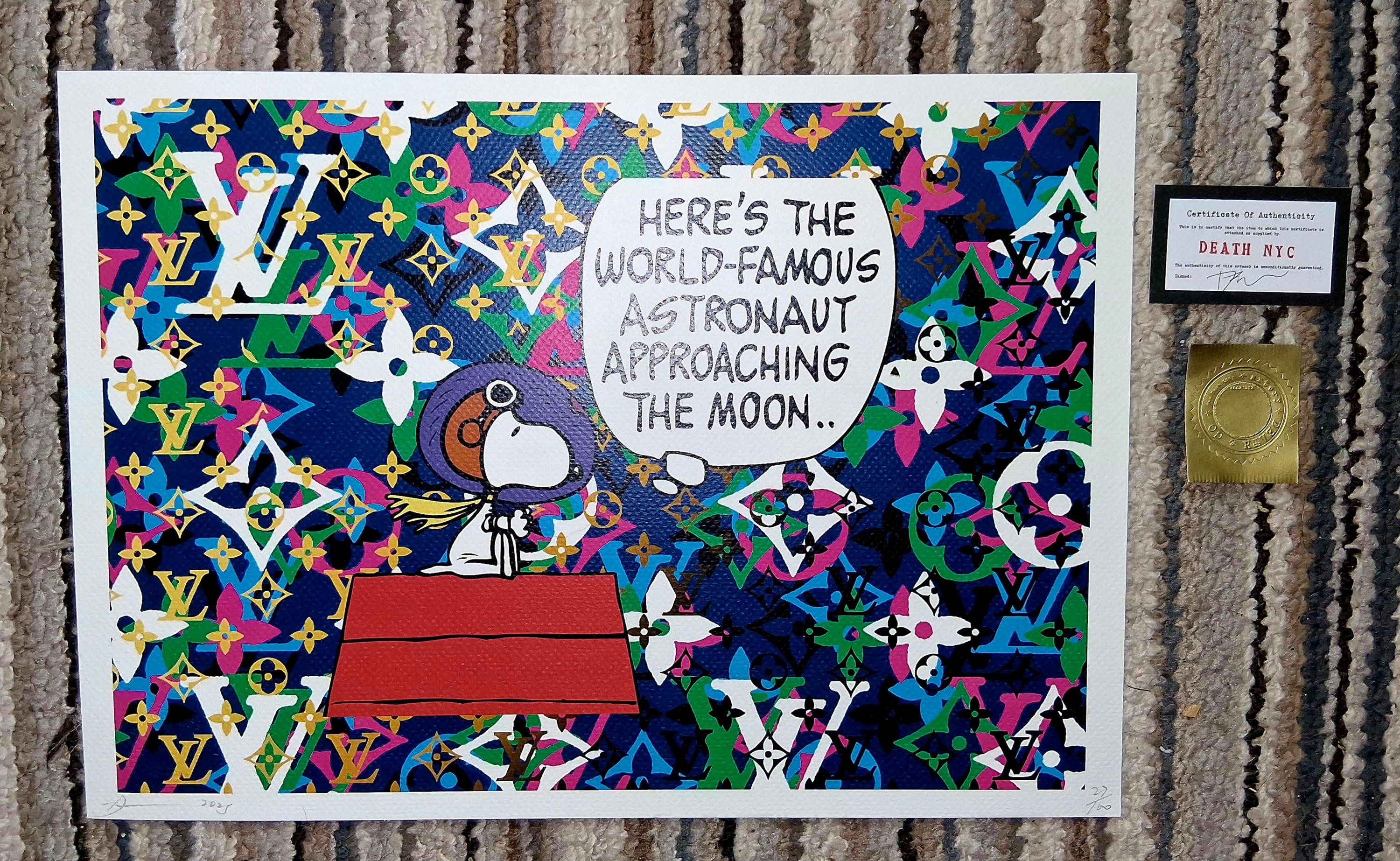 【DEATH NYC】 SNOOPY ON THE MOON DEATH NYC Hand Signed Street Art Print Framed Large 16x20 in With