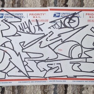 May include: Three black and white graffiti tags on a white background. The tags read "Shoolin", "Nyut", and "Grth".