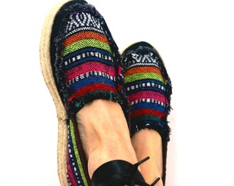 Reclaimed Cotton Espadrilles, Multi-Coloured, Medium Wedge, Natural Jute, Light, Summer Shoe, Frayed Edge, Boho, Ankle Tie, Eco Shoes, Vegan