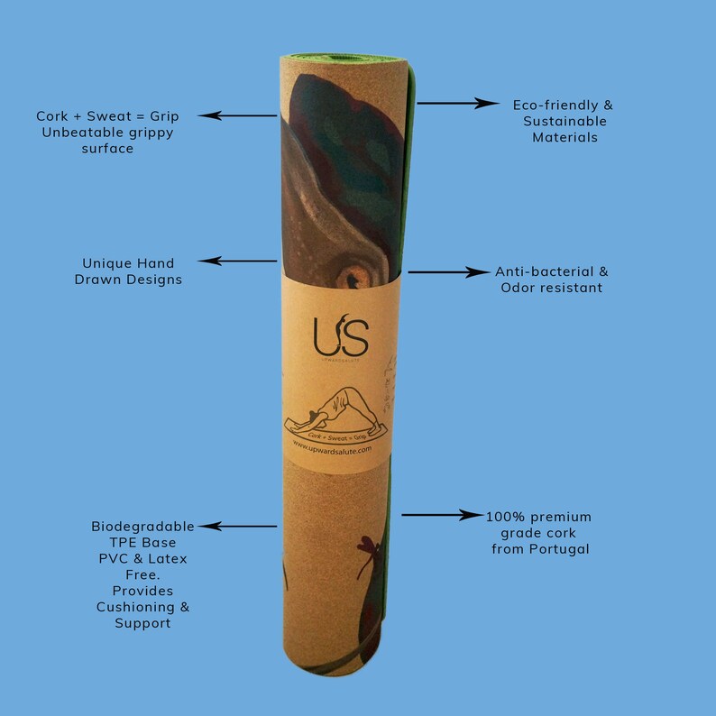 May include: A rolled up yoga mat with a cork and TPE base. The mat has a green and brown design with a unique hand-drawn illustration. The mat is eco-friendly and sustainable, made with 100% premium grade cork from Portugal. The mat is anti-bacterial and odor resistant, providing cushioning and support.