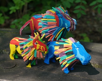 Upcycled Animal Sculpture, Lion made from Recycled Flip Flops, Animal Lover Gift, Colourful Art